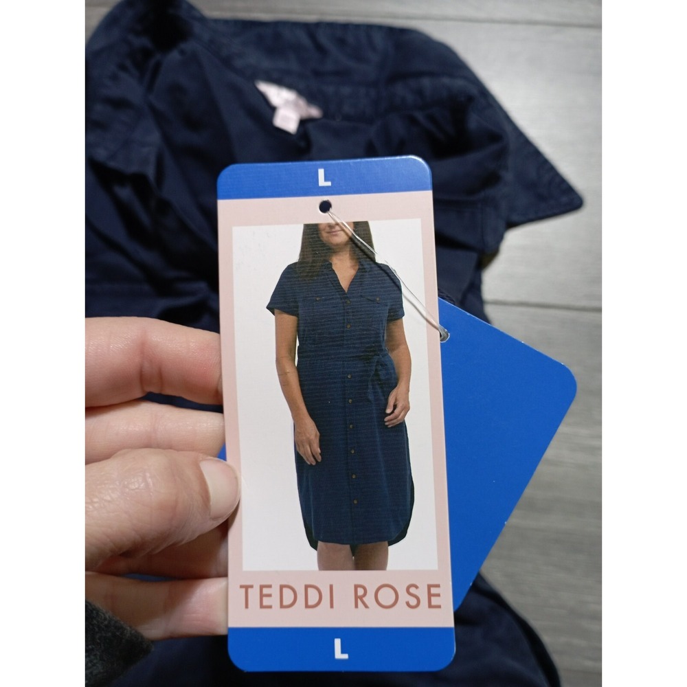 Teddi Rose Dress Womens Large Navy Blue Button Down Belted Tencel Lyocell L NEW